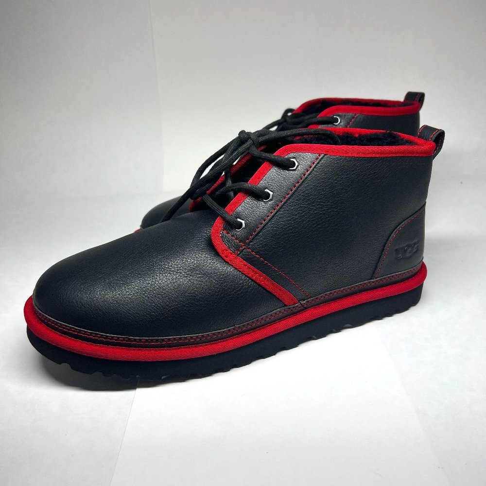 UGG Neumel Leather Ankle Boots Wool Lining Black with Red Trim 1133777